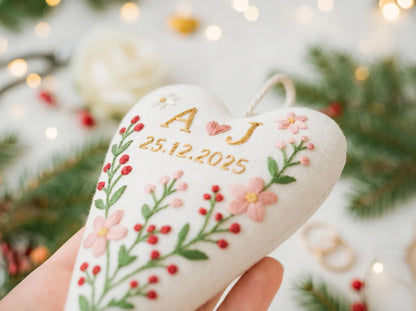 Personalized Christmas Heart Ornament, Custom Embroidered Wedding Keepsake, Handmade Linen Floral Ornament, Anniversary Gift for Couple