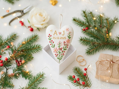 Personalized Christmas Heart Ornament, Custom Embroidered Wedding Keepsake, Handmade Linen Floral Ornament, Anniversary Gift for Couple