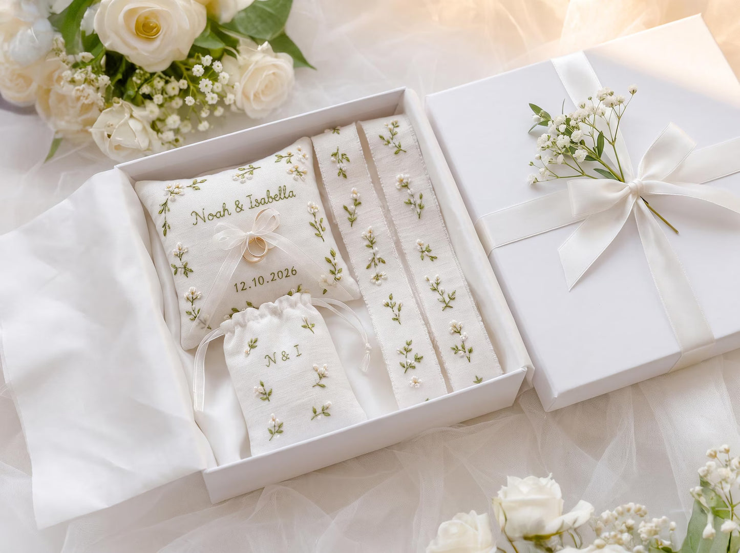 Personalized Wedding Handmade Embroidery Gift Set, Custom Ring Bearer Pillow, Linen Pouch, Ribbon Flower Box, Personalized Handmade Bridal