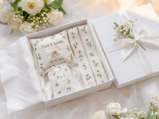 Personalized Wedding Handmade Embroidery Gift Set, Custom Ring Bearer Pillow, Linen Pouch, Ribbon Flower Box, Personalized Handmade Bridal