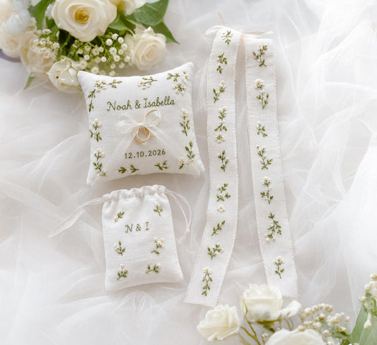 Personalized Wedding Handmade Embroidery Gift Set, Custom Ring Bearer Pillow, Linen Pouch, Ribbon Flower Box, Personalized Handmade Bridal