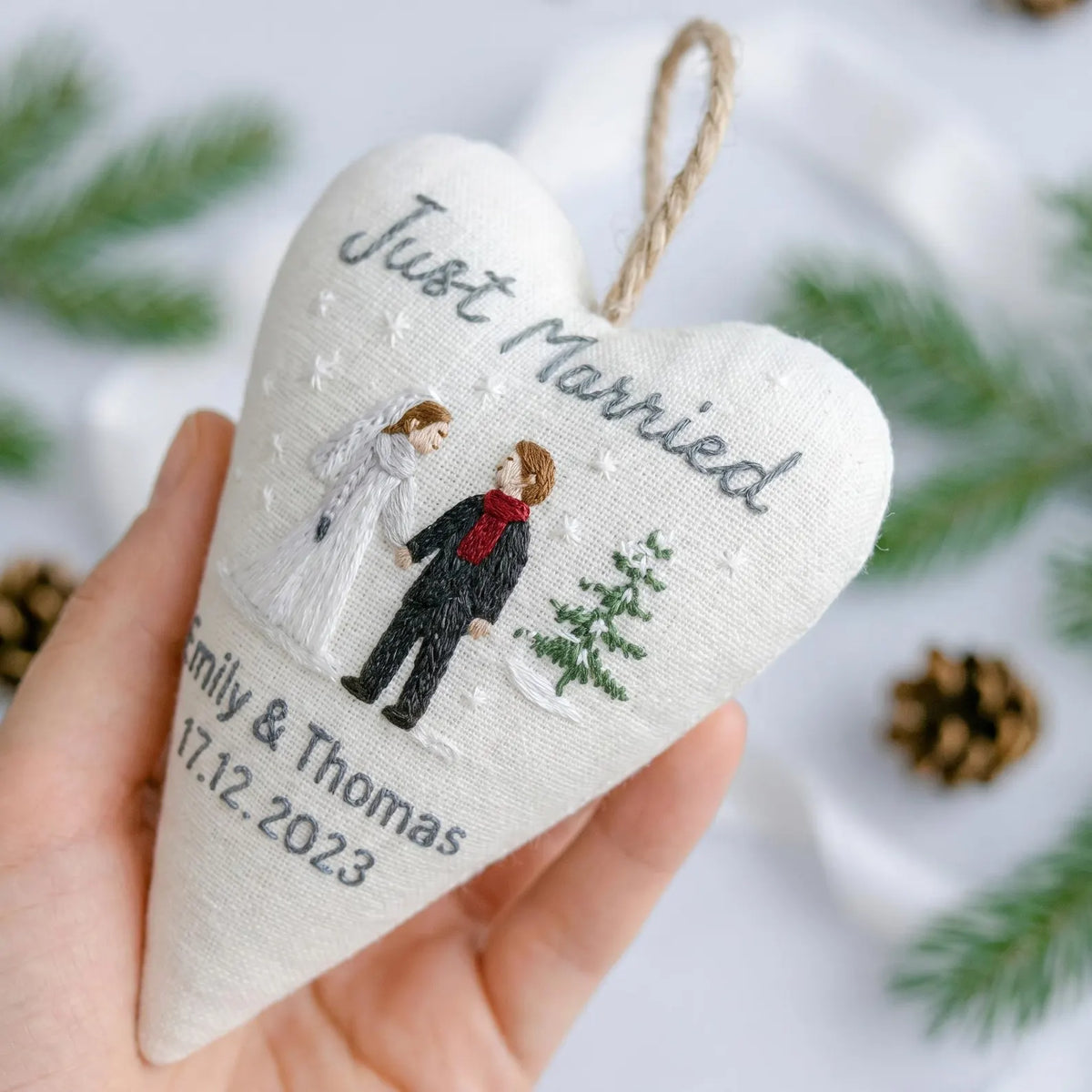 Personalized Embroidered Wedding Christmas Ornament, Heart Linen Newlywed Keepsake, Custom Couple Name Date Xmas Tree Decor