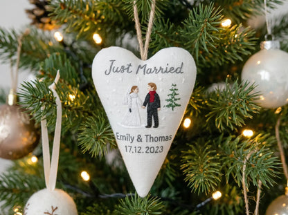 Personalized Embroidered Wedding Christmas Ornament, Heart Linen Newlywed Keepsake, Custom Couple Name Date Xmas Tree Decor