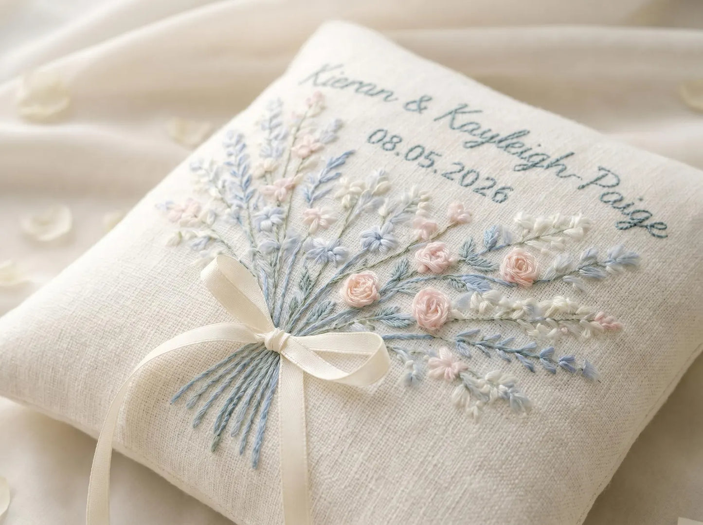 Personalized Frangipani Blossoms Embroidered Ring Bearer Pillow, Custom Linen Wedding Cushion, Hand Embroidery Ring Holder, Floral Ring Pillow, Wedding Gift