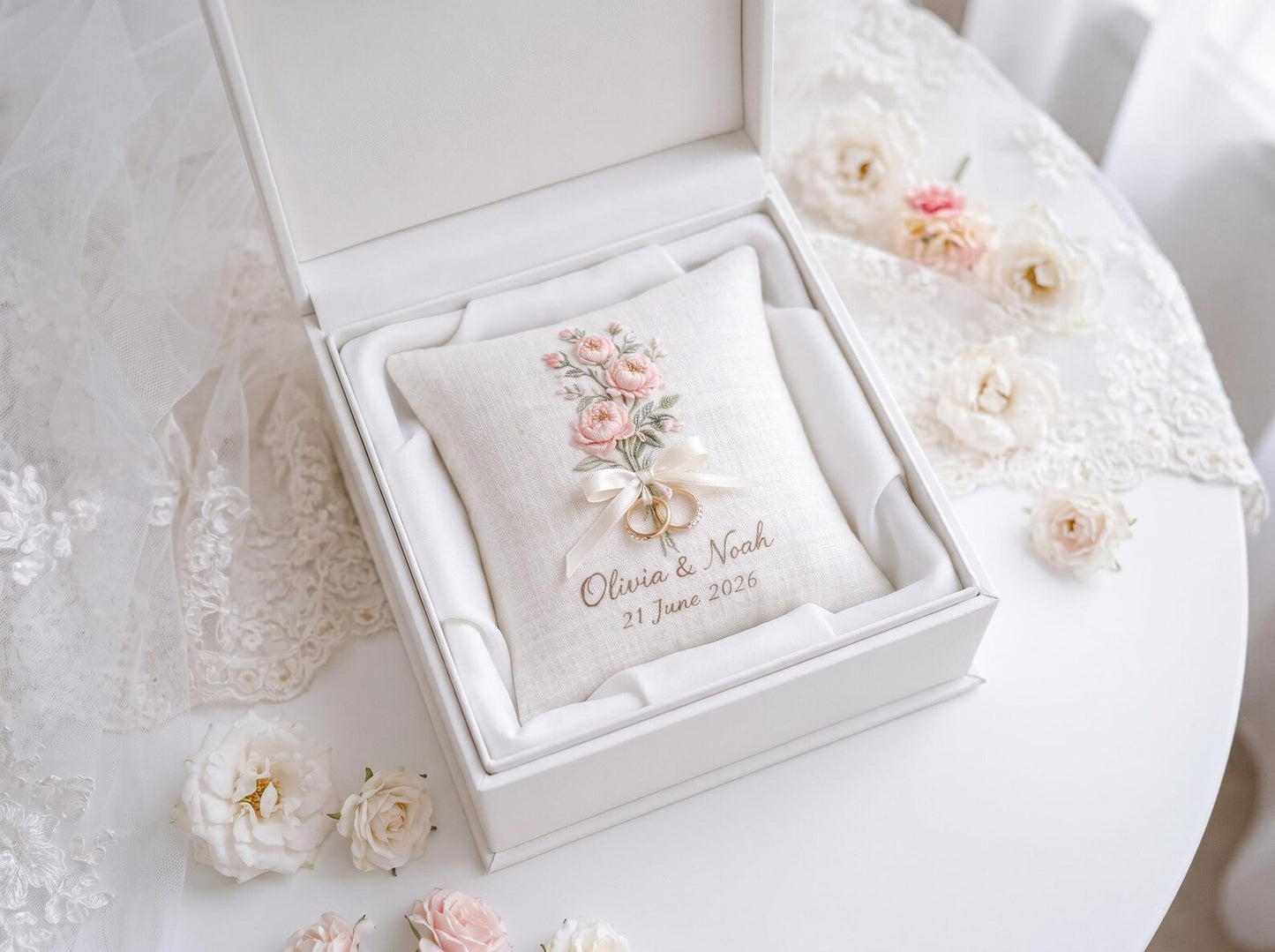 Custom Embroidered Ring Bearer Pillow, Personalized Floral Wedding Ring Cushion, Handmade Linen Pillow, Romantic Wedding Keepsake