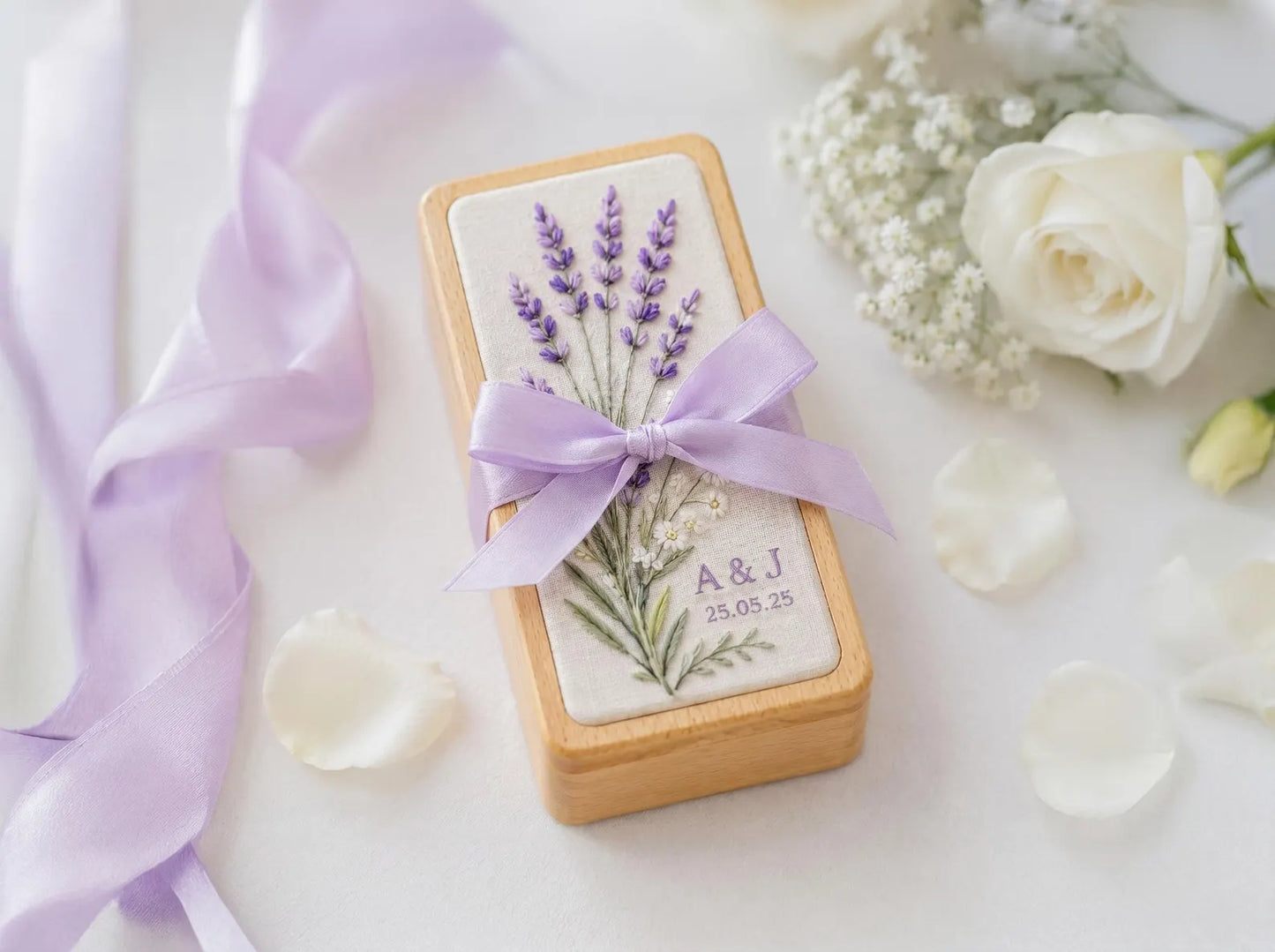 Personalized Lavender Wooden Jewelry Box, Embroidered Floral Ring Box, Custom Wedding Keepsake, Bridesmaid Gift for Her Gift, Wedding Gift