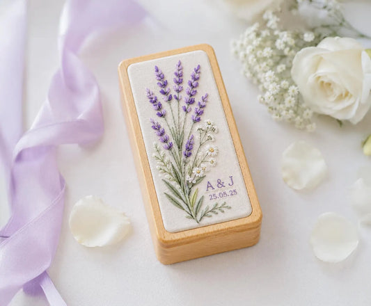 Personalized Lavender Wooden Jewelry Box, Embroidered Floral Ring Box, Custom Wedding Keepsake, Bridesmaid Gift for Her Gift, Wedding Gift