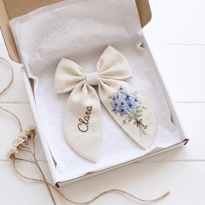 Forget Me Not Embroidered Hair Bow, Personalized Linen Bow Clip, Custom Name Flower Girl Bow, Blue Floral Wedding Hair Accessory Bridal Gift