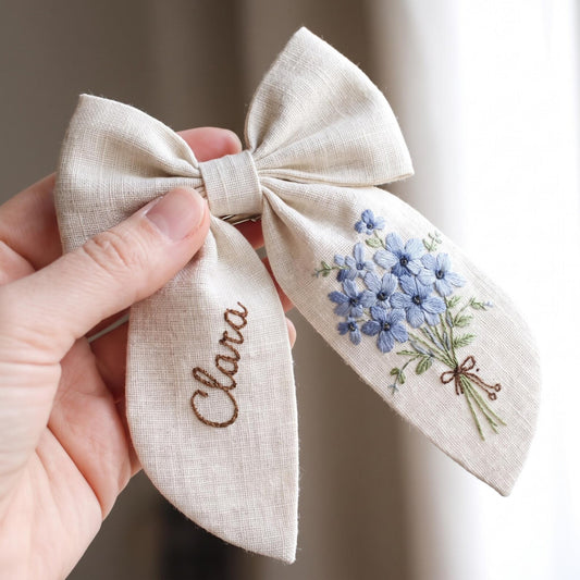 Forget Me Not Embroidered Hair Bow, Personalized Linen Bow Clip, Custom Name Flower Girl Bow, Blue Floral Wedding Hair Accessory Bridal Gift