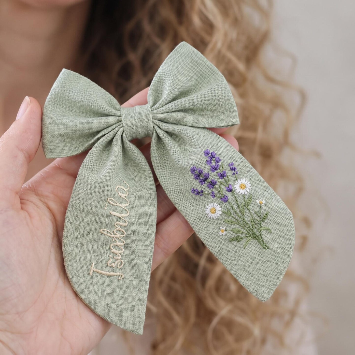 Forget Me Not Embroidered Hair Bow, Personalized Linen Bow Clip, Custom Name Flower Girl Bow, Blue Floral Wedding Hair Accessory Bridal Gift