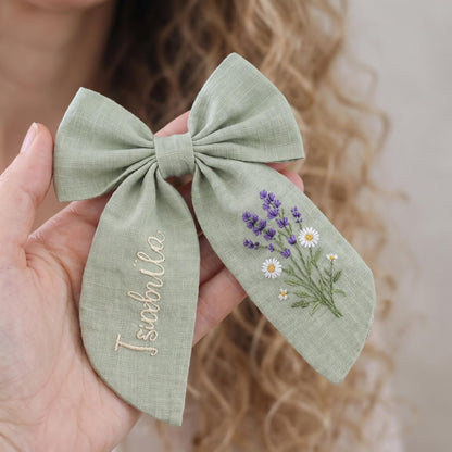 Forget Me Not Embroidered Hair Bow, Personalized Linen Bow Clip, Custom Name Flower Girl Bow, Blue Floral Wedding Hair Accessory Bridal Gift