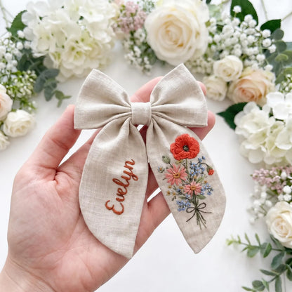 Poppy Embroidered Hair Bow, Personalized Linen Bow Clip, Custom Name Flower Girl Bow, Wildflower Bridal Hair Accessory, Wedding Gift for Her