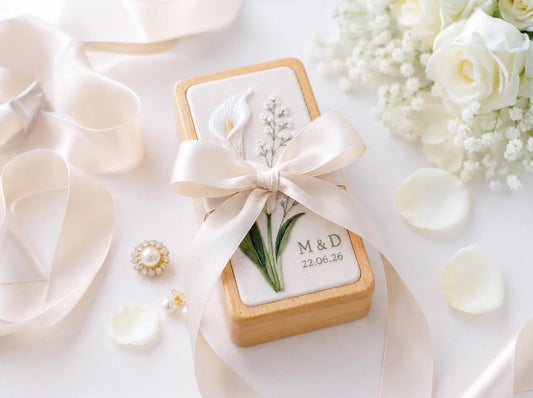 Calla Lily Embroidered Jewelry Box, Personalized Wedding Ring Box, Custom Initials Date, Bridal Keepsake Gift, Handmade Floral Ring Holder