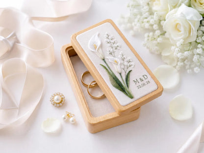 Calla Lily Embroidered Jewelry Box, Personalized Wedding Ring Box, Custom Initials Date, Bridal Keepsake Gift, Handmade Floral Ring Holder