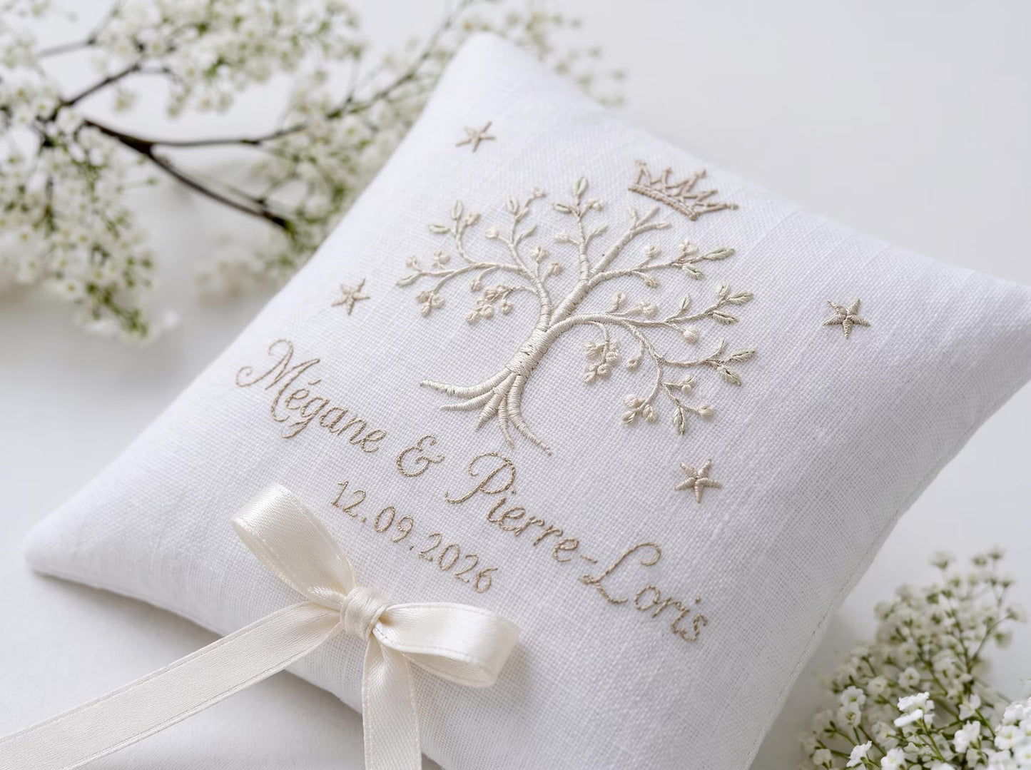 White Linen Ring Bearer Pillow, Botanical Tree Embroidery, Custom Wedding Ring Cushion, Personalized Names Date, Ivory Ribbon, Wedding Gifts