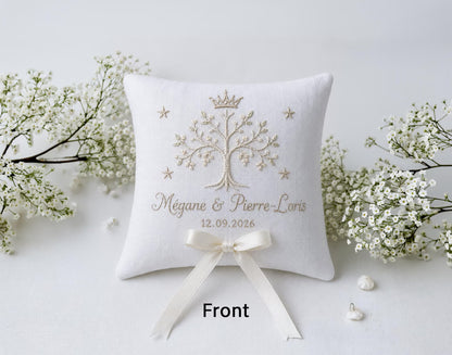 White Linen Ring Bearer Pillow, Botanical Tree Embroidery, Custom Wedding Ring Cushion, Personalized Names Date, Ivory Ribbon, Wedding Gifts