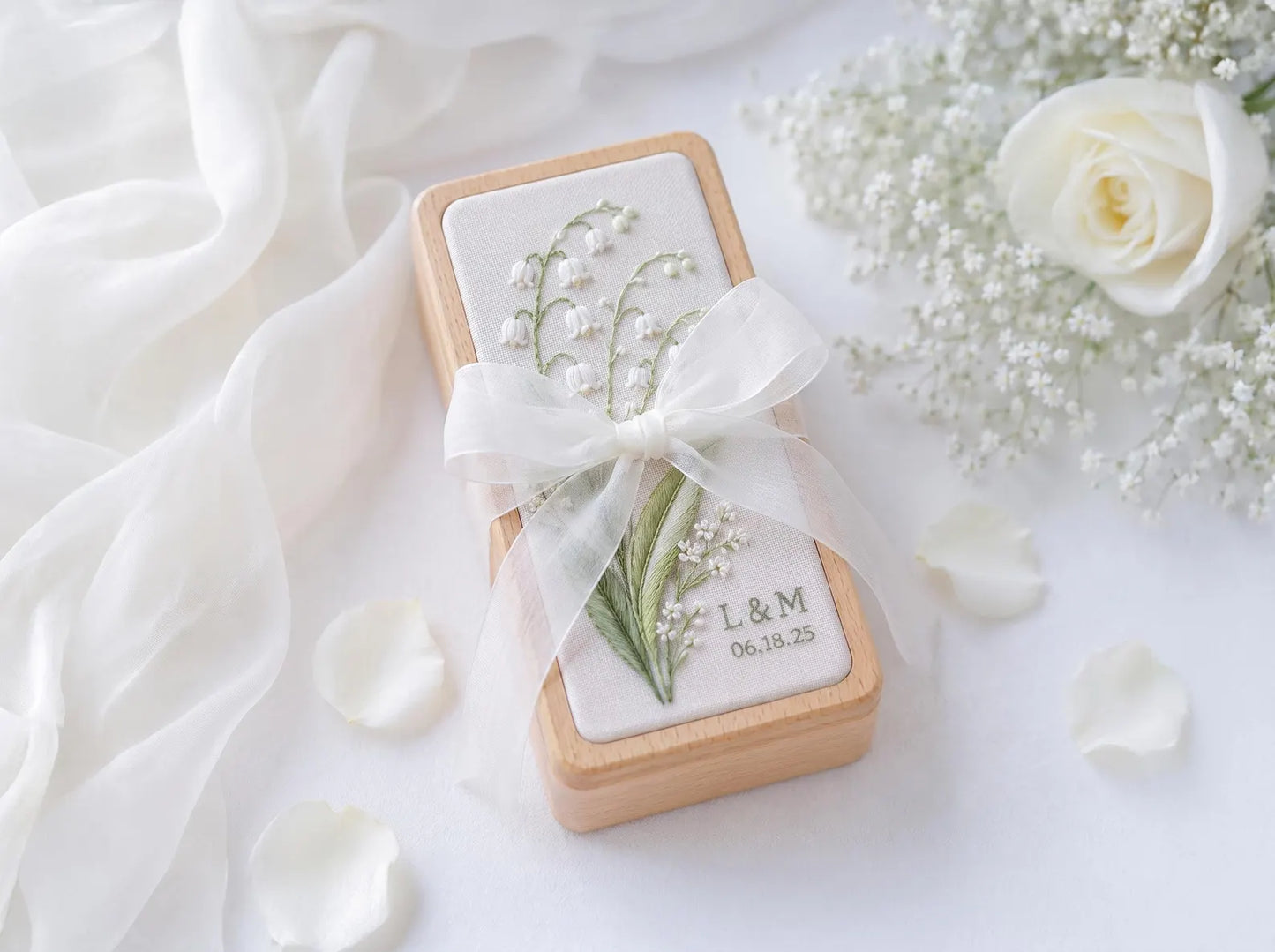 Lily of the Valley Wooden Ring Box, Personalized Embroidered Jewelry Box, Custom Initials Date, Wedding Ring Holder, Bridal Keepsake Gift