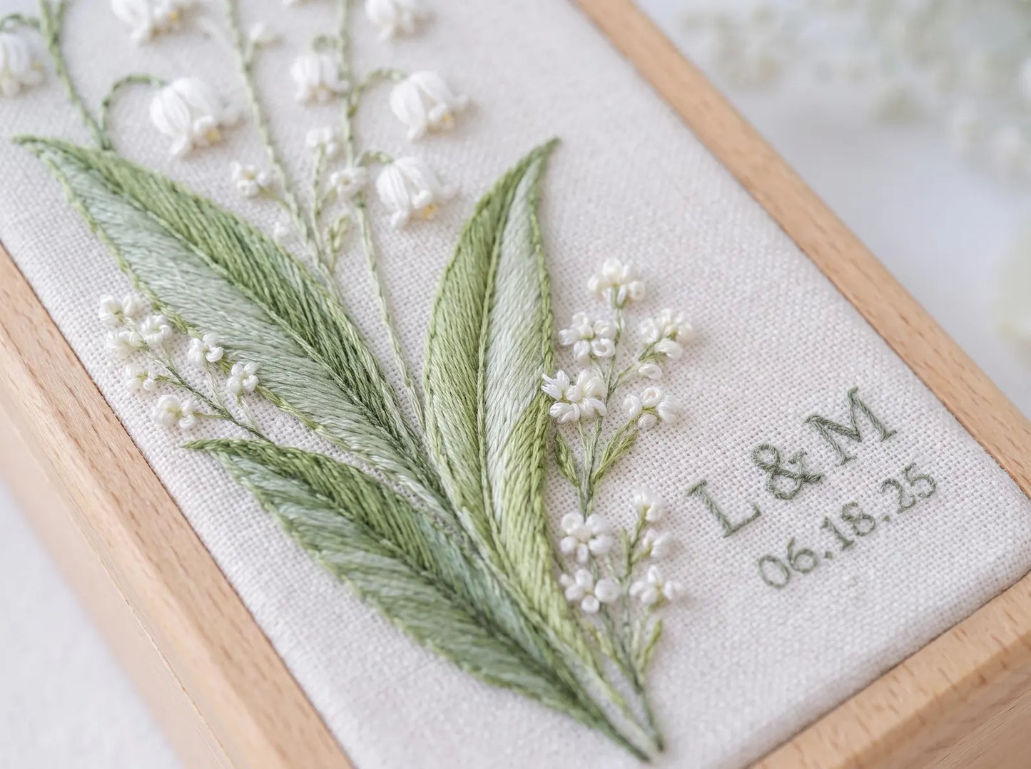 Lily of the Valley Wooden Ring Box, Personalized Embroidered Jewelry Box, Custom Initials Date, Wedding Ring Holder, Bridal Keepsake Gift