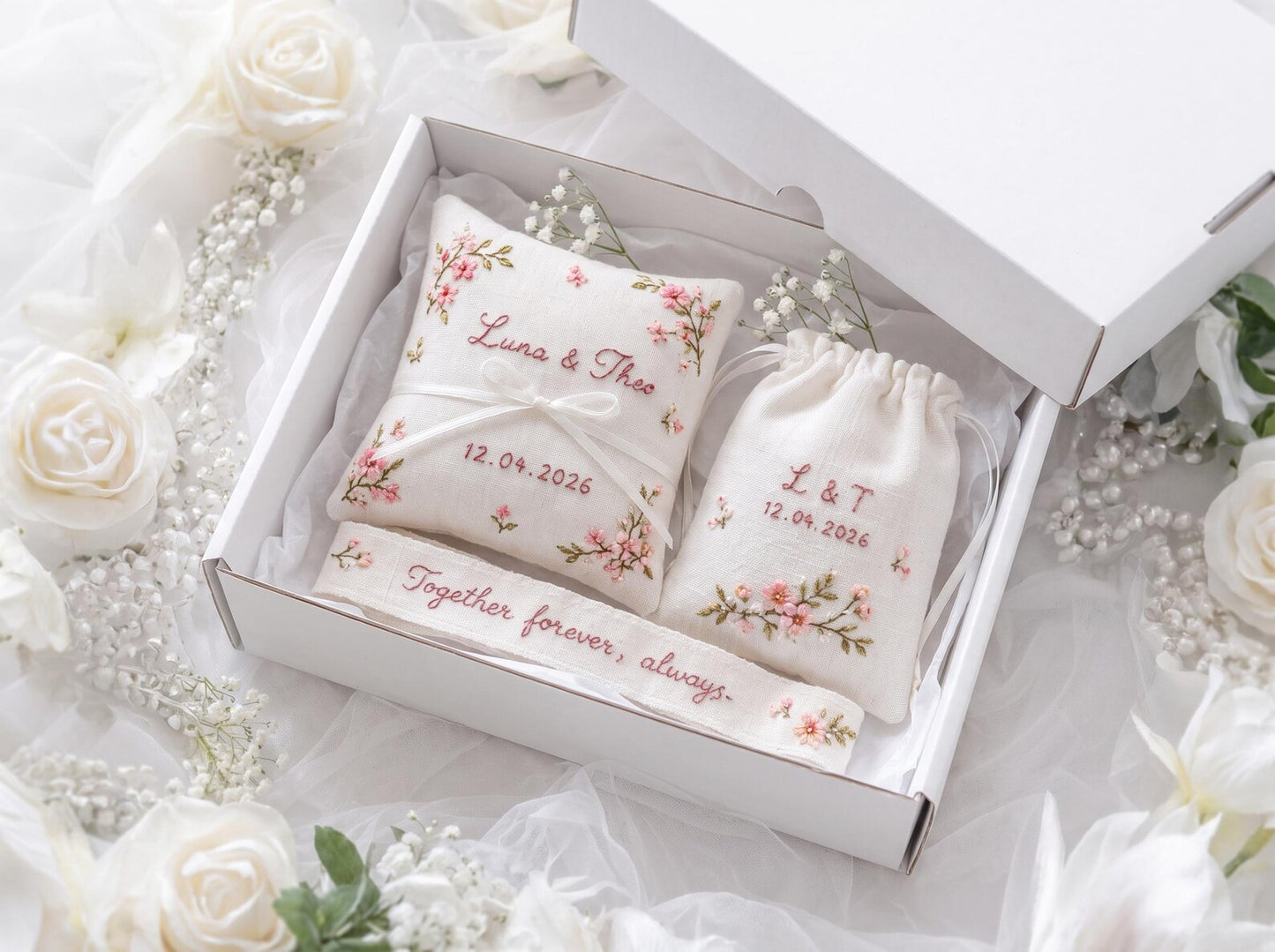Pink Cherry Blossom Wedding Set, Personalized Ring Pillow Ribbon Pouch, Custom Names Date, Embroidered Bridal Keepsake Gift for Bride Bridal