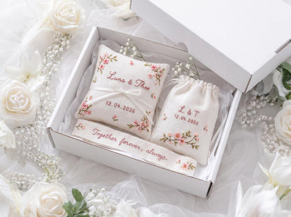 Pink Cherry Blossom Wedding Set, Personalized Ring Pillow Ribbon Pouch, Custom Names Date, Embroidered Bridal Keepsake Gift for Bride Bridal