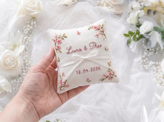 Pink Cherry Blossom Wedding Set, Personalized Ring Pillow Ribbon Pouch, Custom Names Date, Embroidered Bridal Keepsake Gift for Bride Bridal