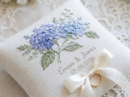 Personalized Hydrangea Ring Bearer Pillow, Custom Embroidered Wedding Ring Cushion, Something Blue Bridal Gift, Names and Date