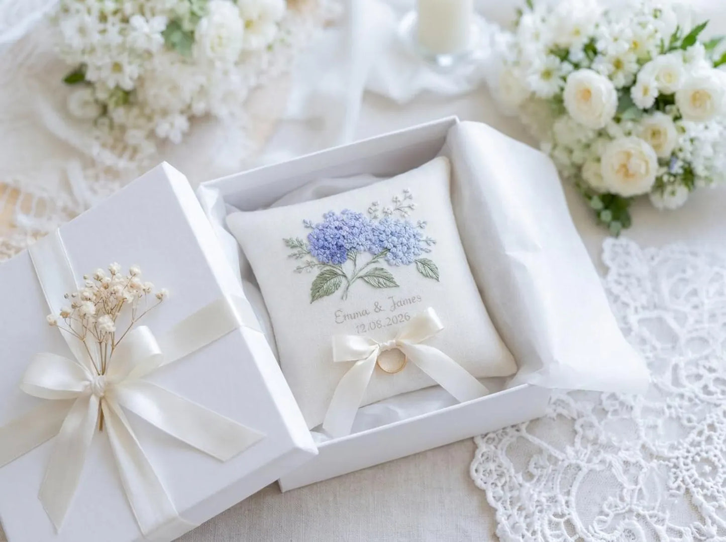 Personalized Hydrangea Ring Bearer Pillow, Custom Embroidered Wedding Ring Cushion, Something Blue Bridal Gift, Names and Date
