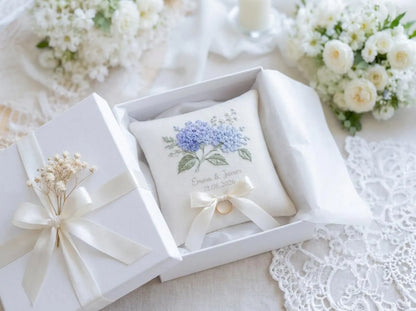 Personalized Hydrangea Ring Bearer Pillow, Custom Embroidered Wedding Ring Cushion, Something Blue Bridal Gift, Names and Date