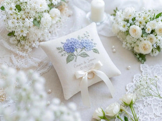 Personalized Hydrangea Ring Bearer Pillow, Custom Embroidered Wedding Ring Cushion, Something Blue Bridal Gift, Names and Date