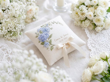 Hydrangea Ring Bearer Pillow, Custom Embroidered Wedding Ring Cushion, Something Blue Bridal Gift, Names and Date