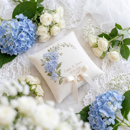 Hydrangea Ring Bearer Pillow, Custom Embroidered Wedding Ring Cushion, Something Blue Bridal Gift, Names and Date
