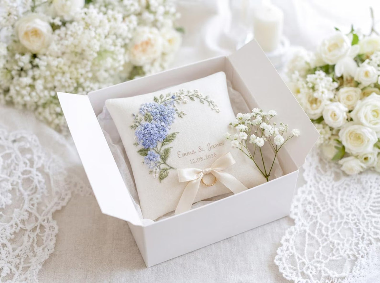 Hydrangea Ring Bearer Pillow, Custom Embroidered Wedding Ring Cushion, Something Blue Bridal Gift, Names and Date