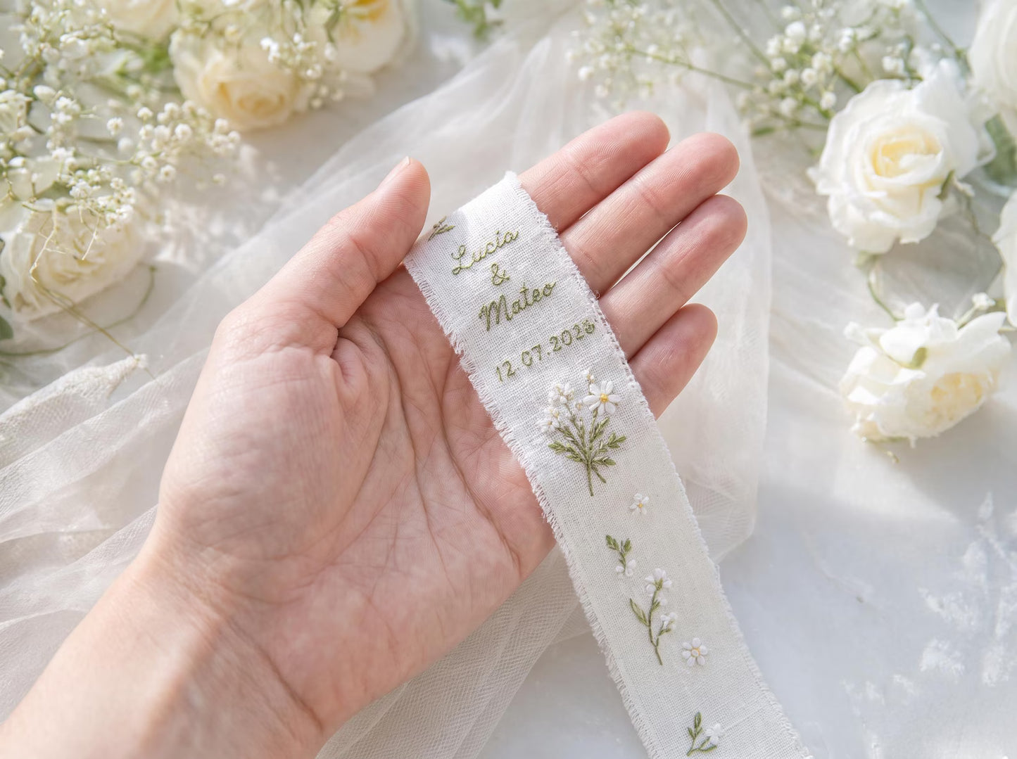 Personalized Daisy Wedding Ring Pillow Set, Embroidered Ring Bearer Cushion, Custom Bridal Ribbon, Keepsake Bag, Names and Wedding Date Gift