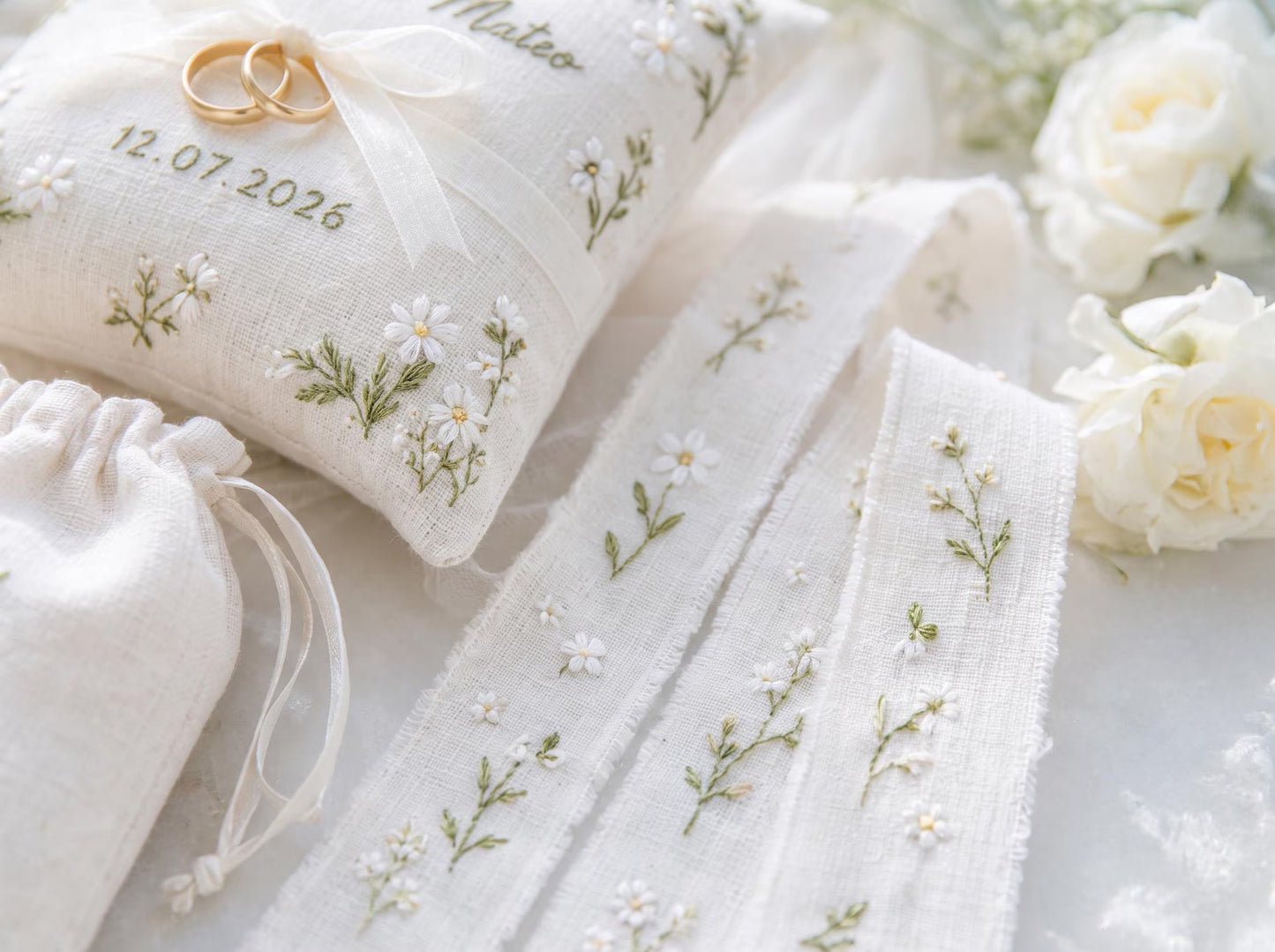 Personalized Daisy Wedding Ring Pillow Set, Embroidered Ring Bearer Cushion, Custom Bridal Ribbon, Keepsake Bag, Names and Wedding Date Gift