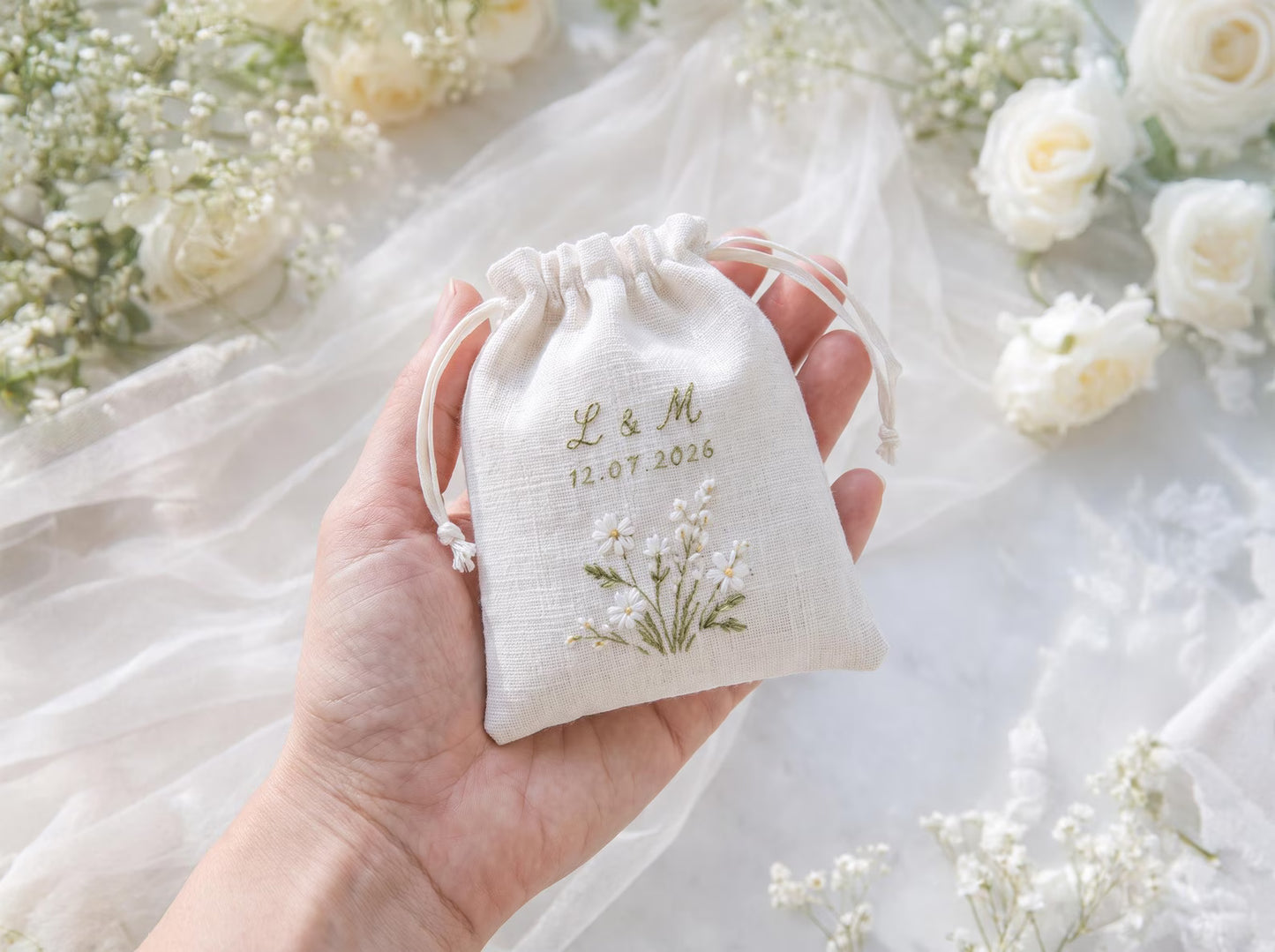 Personalized Daisy Wedding Ring Pillow Set, Embroidered Ring Bearer Cushion, Custom Bridal Ribbon, Keepsake Bag, Names and Wedding Date Gift