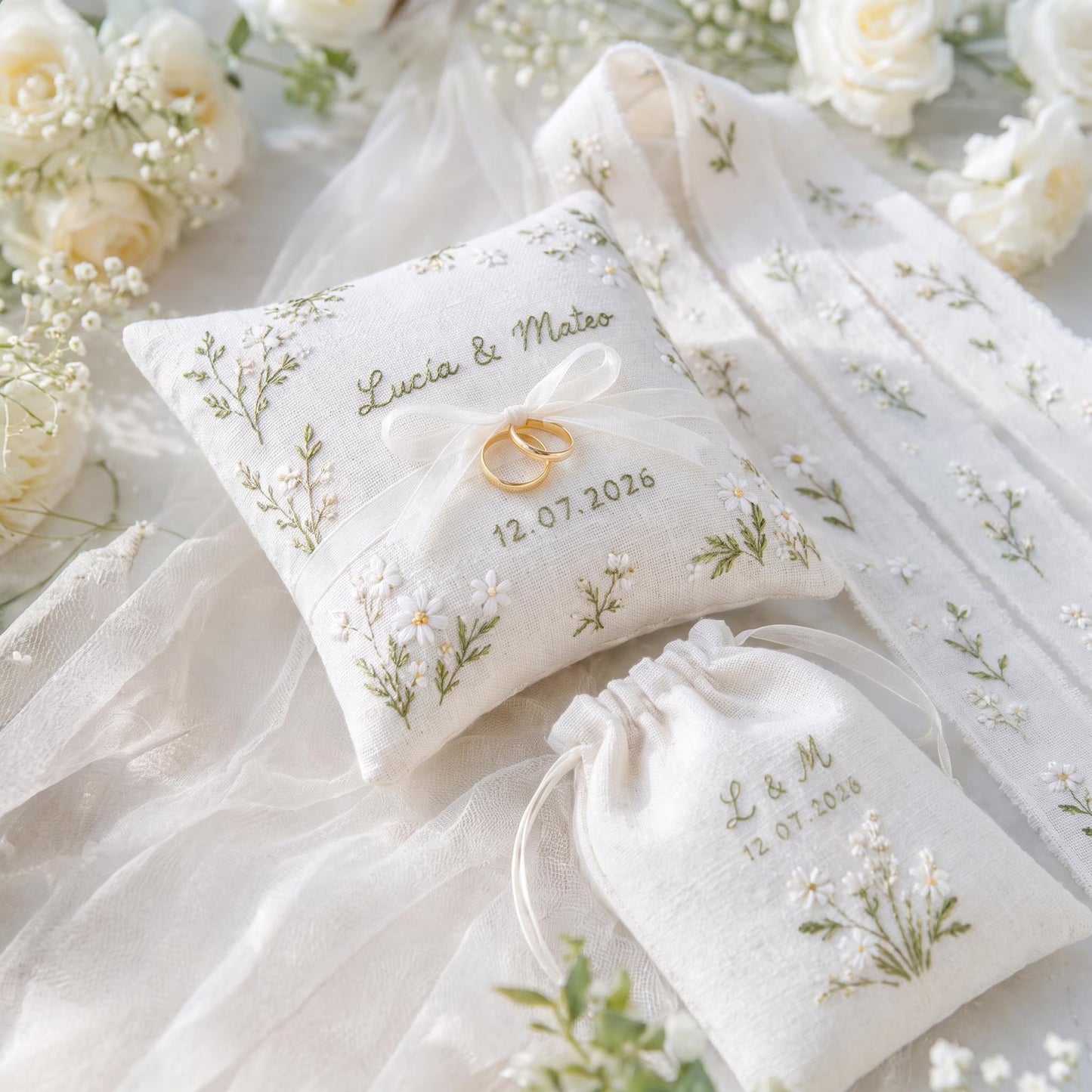 Personalized Daisy Wedding Ring Pillow Set, Embroidered Ring Bearer Cushion, Custom Bridal Ribbon, Keepsake Bag, Names and Wedding Date Gift