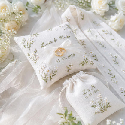 Personalized Daisy Wedding Ring Pillow Set, Embroidered Ring Bearer Cushion, Custom Bridal Ribbon, Keepsake Bag, Names and Wedding Date Gift