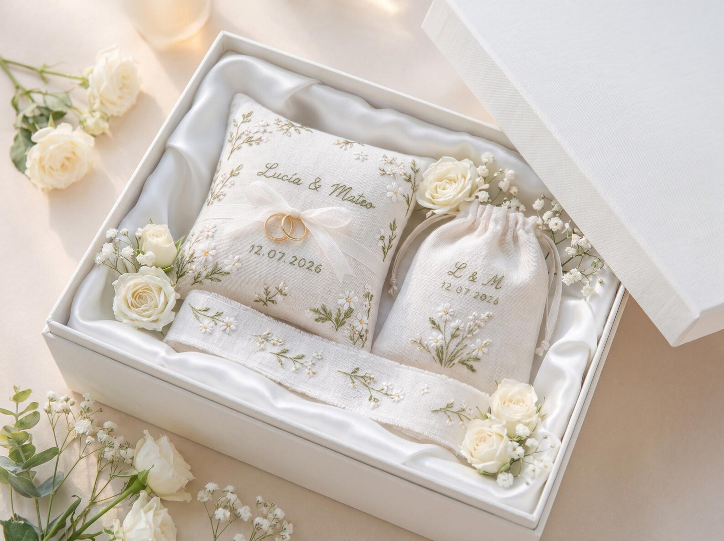 Personalized Daisy Wedding Ring Pillow Set, Embroidered Ring Bearer Cushion, Custom Bridal Ribbon, Keepsake Bag, Names and Wedding Date Gift