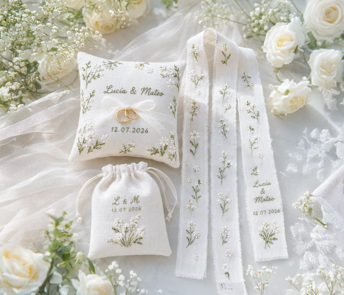 Personalized Daisy Wedding Ring Pillow Set, Embroidered Ring Bearer Cushion, Custom Bridal Ribbon, Keepsake Bag, Names and Wedding Date Gift