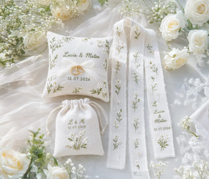 Personalized Daisy Wedding Ring Pillow Set, Embroidered Ring Bearer Cushion, Custom Bridal Ribbon, Keepsake Bag, Names and Wedding Date Gift
