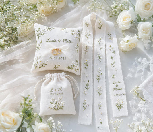 Personalized Daisy Wedding Ring Pillow Set, Embroidered Ring Bearer Cushion, Custom Bridal Ribbon, Keepsake Bag, Names and Wedding Date Gift