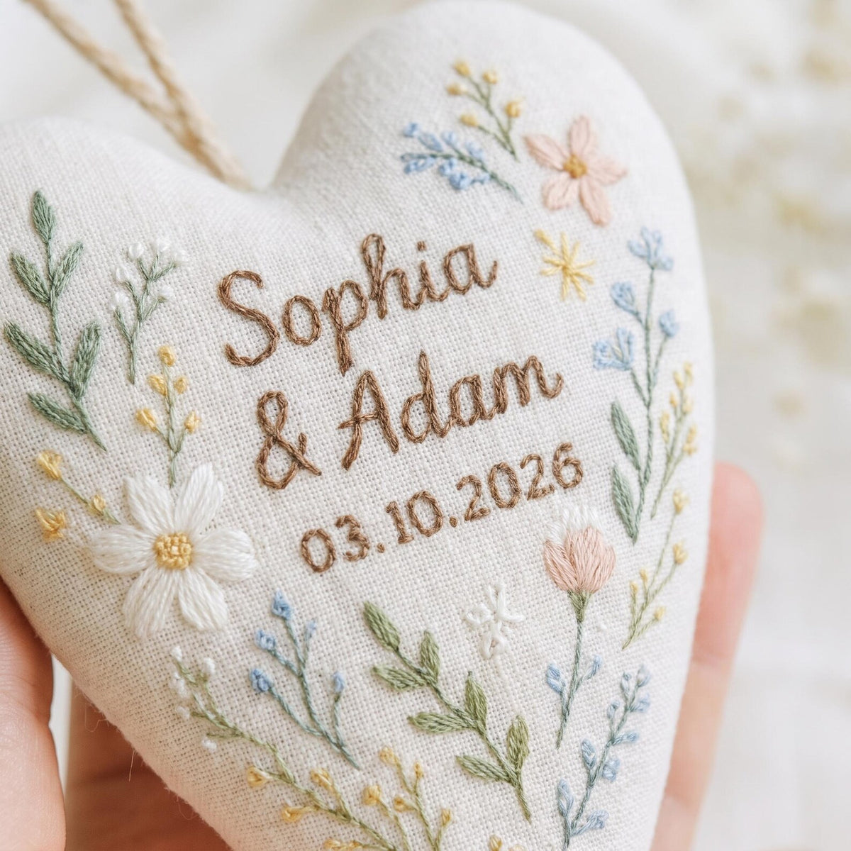 Personalized Embroidered Heart Ornament, Custom Names and Wedding Date, Floral Linen Keepsake, Handmade Wedding Anniversary Gift for Couples