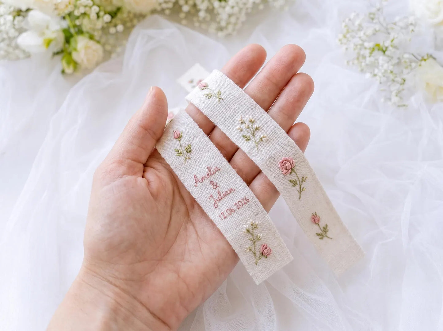 Personalized Blush Rose Wedding Ring Pillow Set, Embroidered Ring Bearer Cushion, Custom Bridal Ribbon, Keepsake Sachet Bag, Names and Date