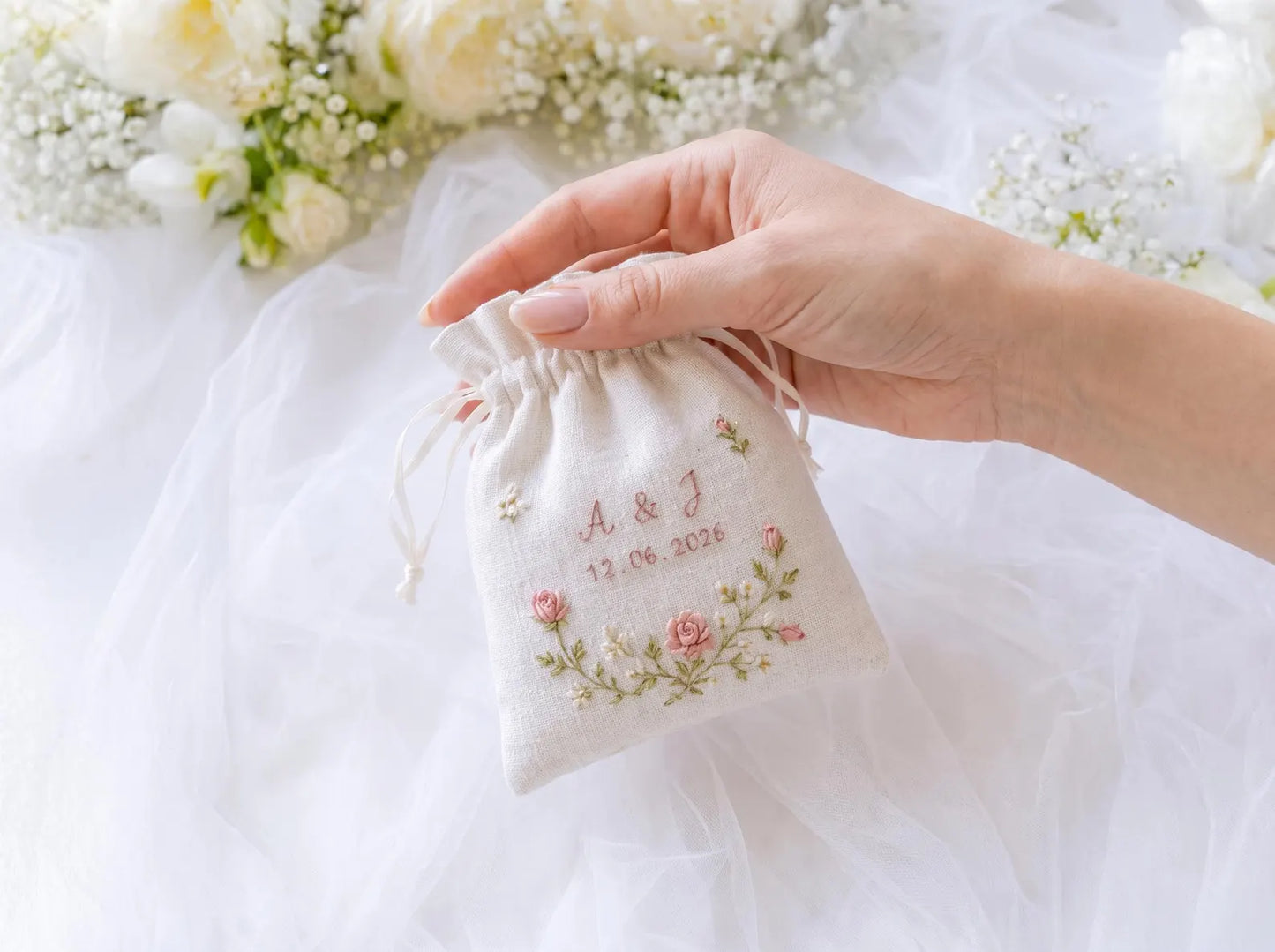 Personalized Blush Rose Wedding Ring Pillow Set, Embroidered Ring Bearer Cushion, Custom Bridal Ribbon, Keepsake Sachet Bag, Names and Date