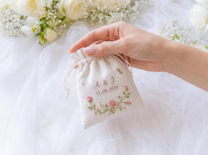 Personalized Blush Rose Wedding Ring Pillow Set, Embroidered Ring Bearer Cushion, Custom Bridal Ribbon, Keepsake Sachet Bag, Names and Date