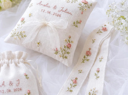 Personalized Blush Rose Wedding Ring Pillow Set, Embroidered Ring Bearer Cushion, Custom Bridal Ribbon, Keepsake Sachet Bag, Names and Date