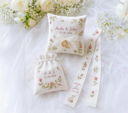 Personalized Blush Rose Wedding Ring Pillow Set, Embroidered Ring Bearer Cushion, Custom Bridal Ribbon, Keepsake Sachet Bag, Names and Date