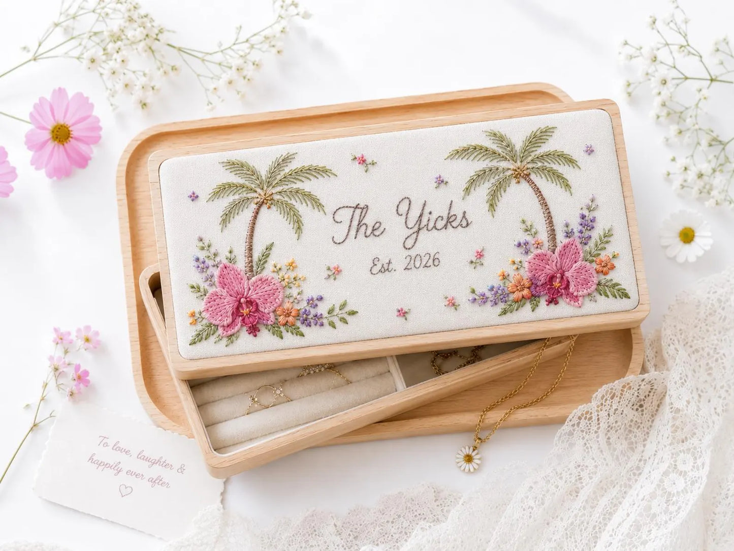 Personalized Tropical Embroidered Jewelry Box, Custom Orchids and Palm Tree Keepsake Box, Wooden Jewelry Organizer, Anniversary Gift for Her