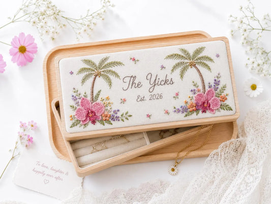 Personalized Tropical Embroidered Jewelry Box, Custom Orchids and Palm Tree Keepsake Box, Wooden Jewelry Organizer, Anniversary Gift for Her