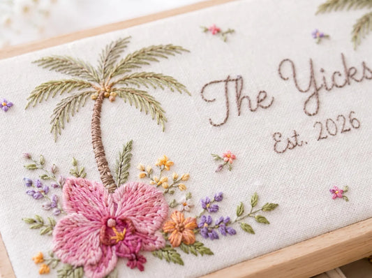 Personalized Tropical Embroidered Jewelry Box, Custom Orchids and Palm Tree Keepsake Box, Wooden Jewelry Organizer, Anniversary Gift for Her